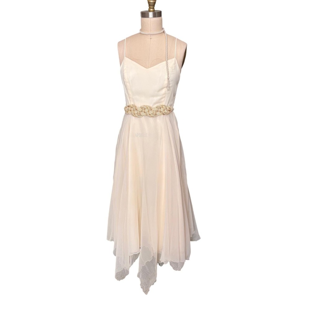 90s Chiffon Handkerchief Hem Prom Style Midi Dress Size 6 Cream Vintage